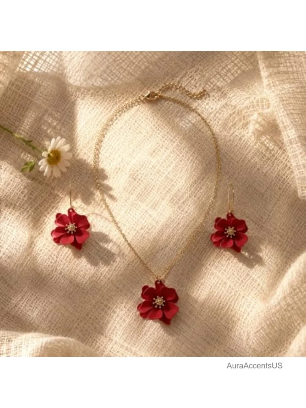 3D Boho Daisy Flower Jewelry Set Necklace and Dangle Earrings Matte Gold Tone